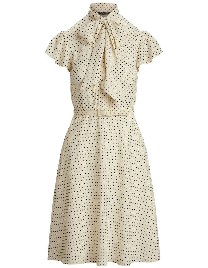 Polka-Dot Belted Crepe Tie-Neck Dress in Beige image 4