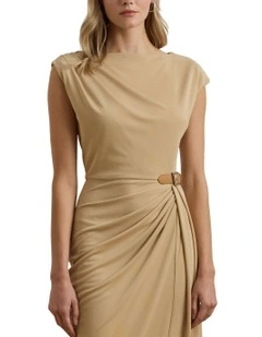 Buckle-Trim Jersey Boatneck Dress in Beige