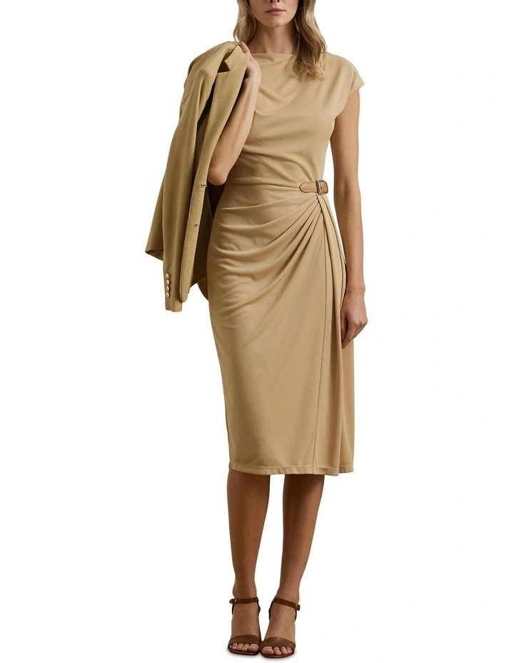 Buckle-Trim Jersey Boatneck Dress in Beige image 3
