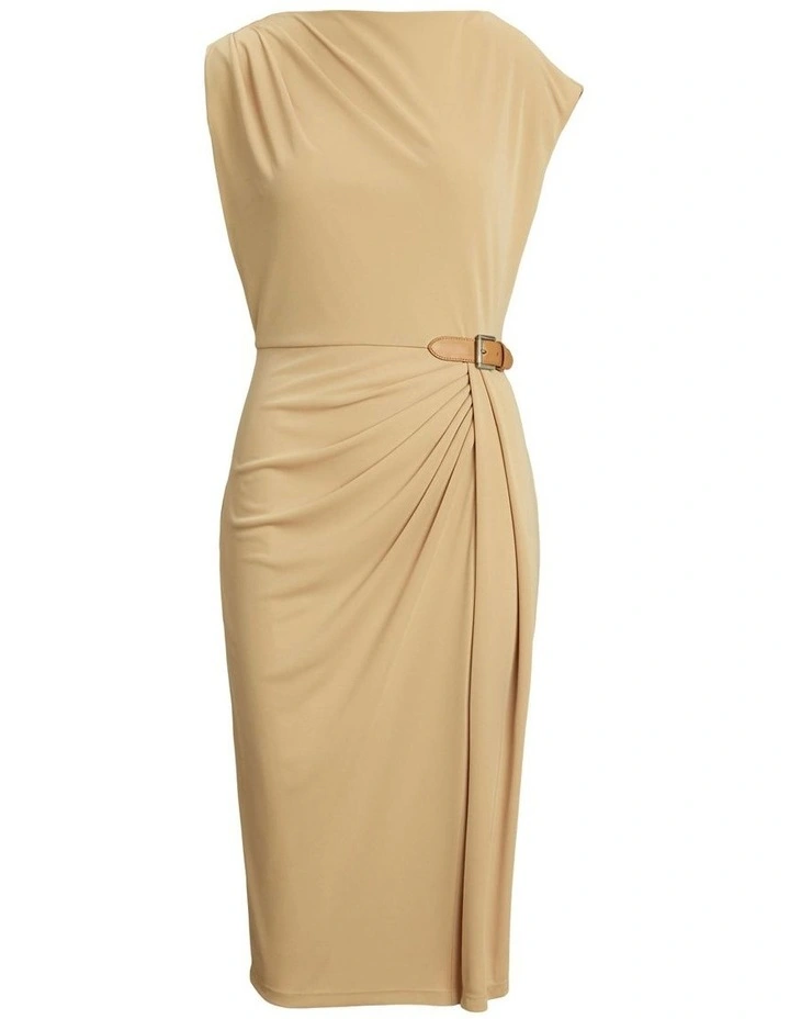 Buckle-Trim Jersey Boatneck Dress in Beige image 4