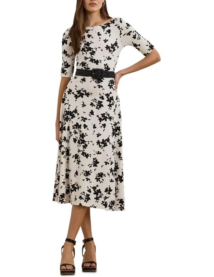 Floral Stretch Cotton Midi Dress in White image 3