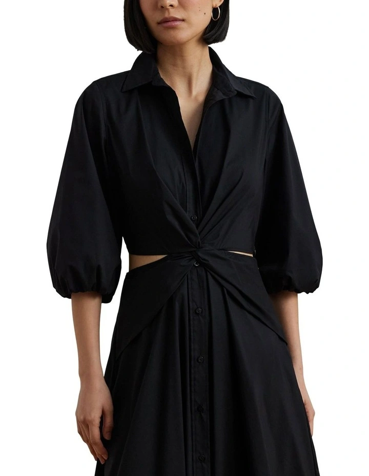Cotton-Blend Bubble-Sleeve Shirtdress in Black image 1