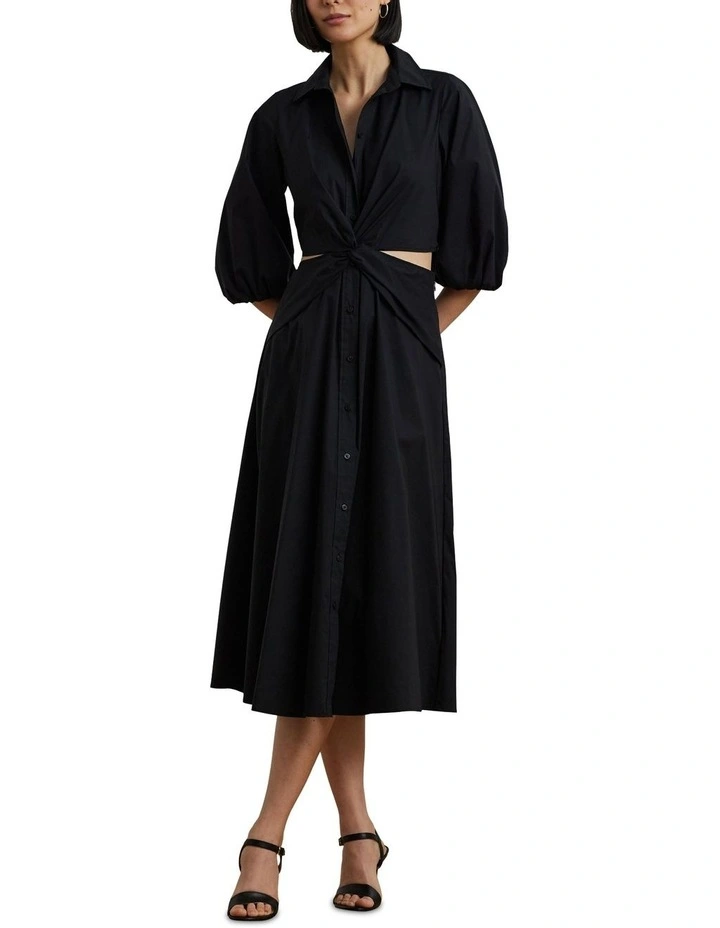 Cotton-Blend Bubble-Sleeve Shirtdress in Black image 3