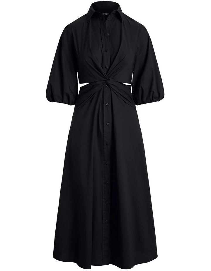 Cotton-Blend Bubble-Sleeve Shirtdress in Black image 4