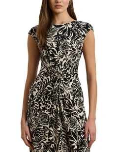 Floral Twist-Front Stretch Jersey Dress in Beige