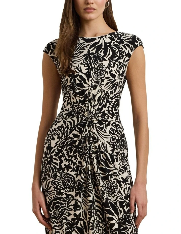 Floral Twist-Front Stretch Jersey Dress in Beige image 1