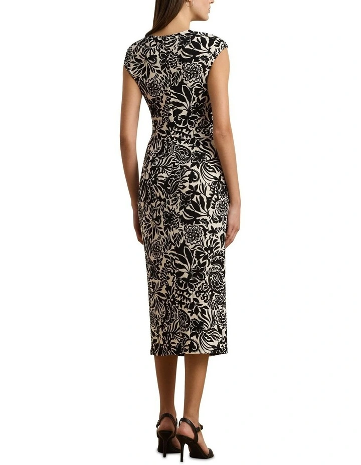 Floral Twist-Front Stretch Jersey Dress in Beige image 2
