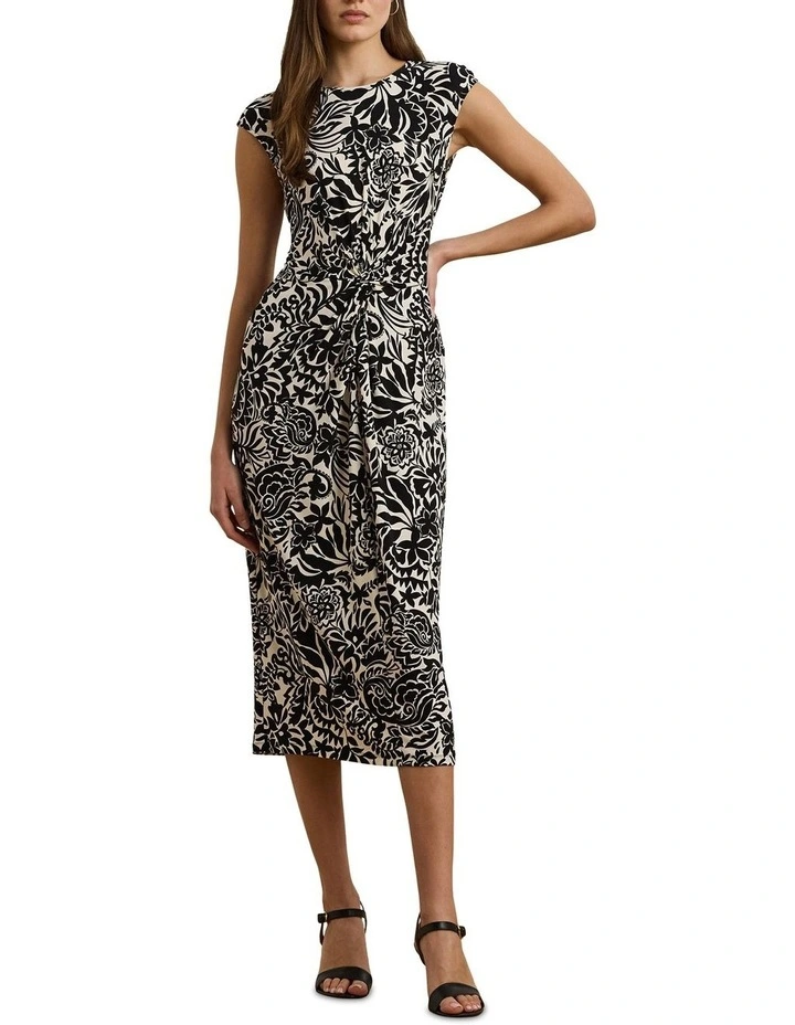 Floral Twist-Front Stretch Jersey Dress in Beige image 3