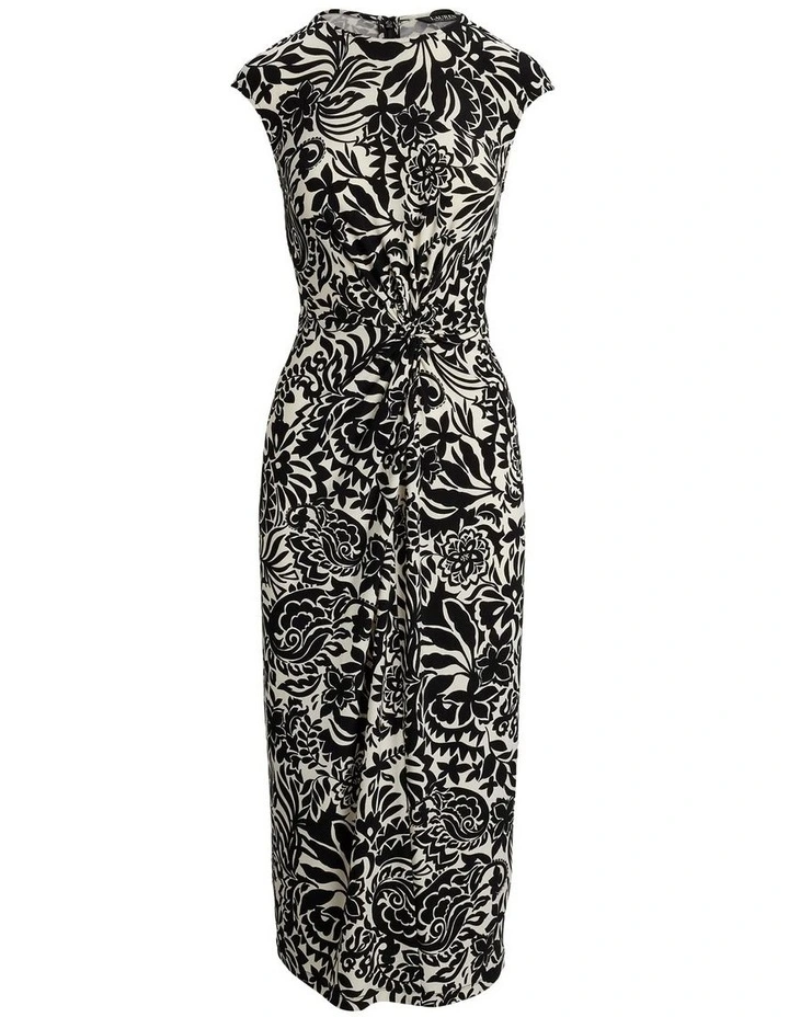 Floral Twist-Front Stretch Jersey Dress in Beige image 4