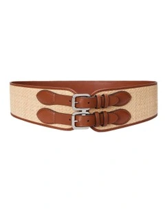 Raffia & Leather Double-Buckle Wide Belt in Beige