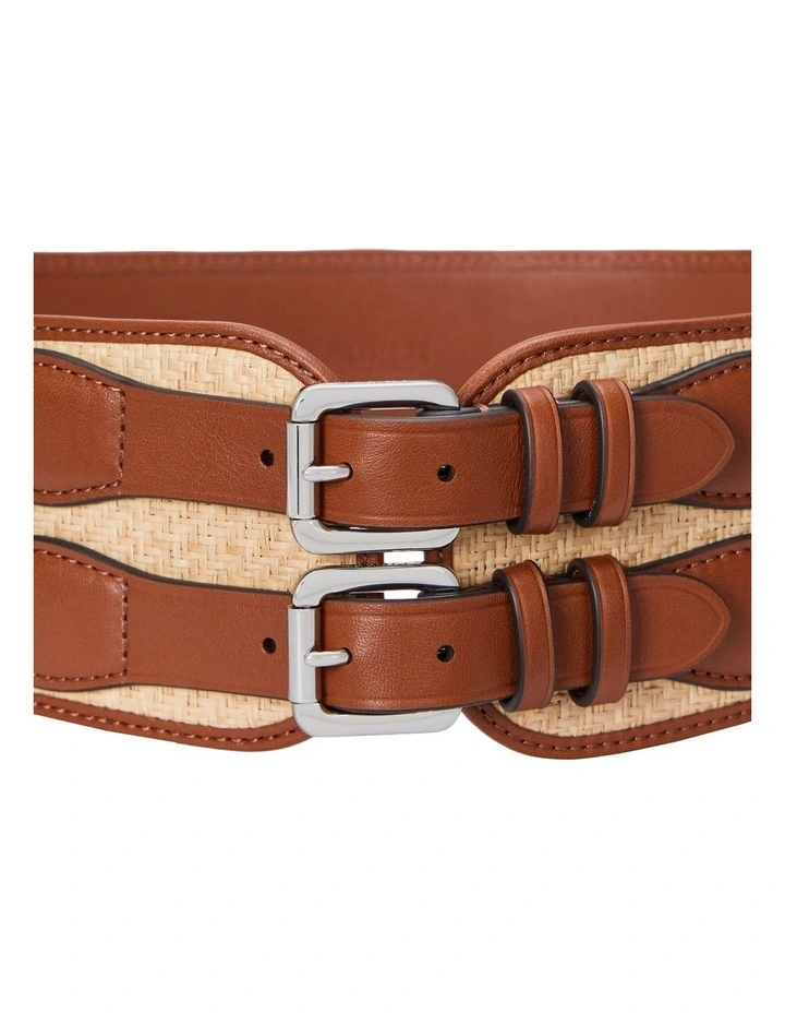 Raffia & Leather Double-Buckle Wide Belt in Beige image 2