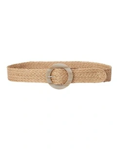 Woven Jute Faux-Horn-Buckle Wide Belt in Beige