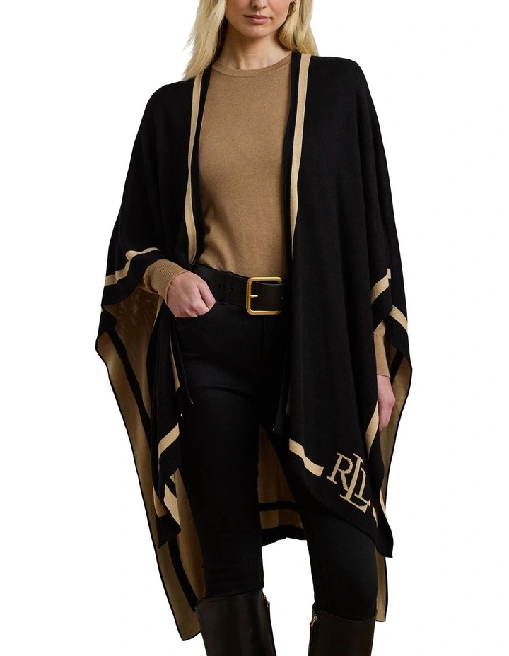 Two-Tone Logo Jacquard Ruana in Black image 1