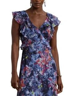 Print Ruffle-Trim Georgette Midi Dress