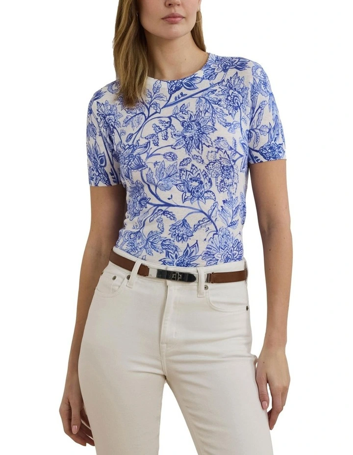 Floral Linen-Cotton Short-Sleeve Sweater image 1