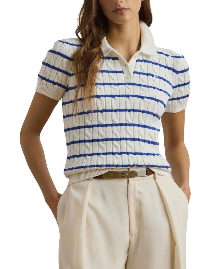 Striped Cable-Knit Cotton Polo Sweater image 1