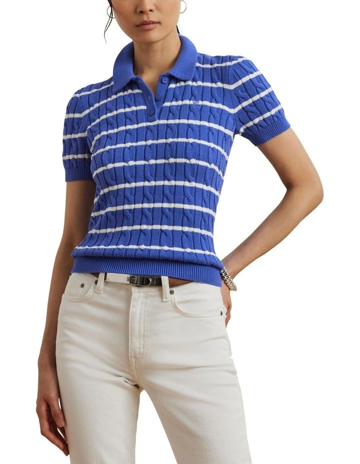 Striped Cable-Knit Cotton Polo Sweater image 1