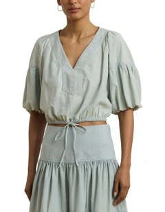 Chambray Cropped Bubble-Sleeve Blouse