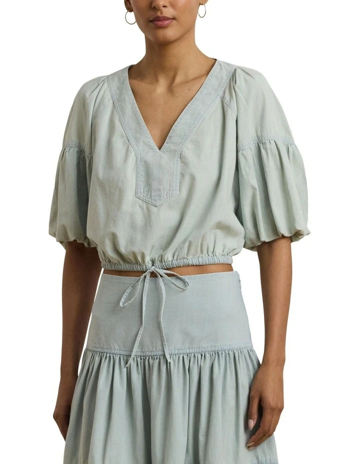 Chambray Cropped Bubble-Sleeve Blouse image 1