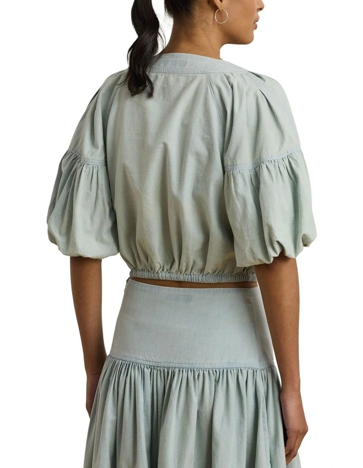 Chambray Cropped Bubble-Sleeve Blouse image 2