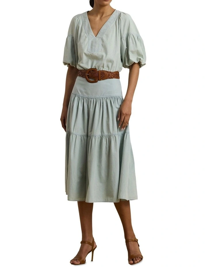 Chambray Cropped Bubble-Sleeve Blouse image 3