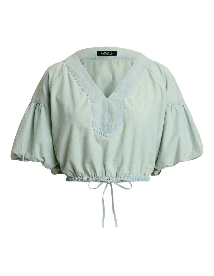 Chambray Cropped Bubble-Sleeve Blouse image 4