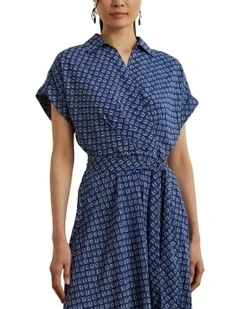 Geo-Print Belted Crepe Dress