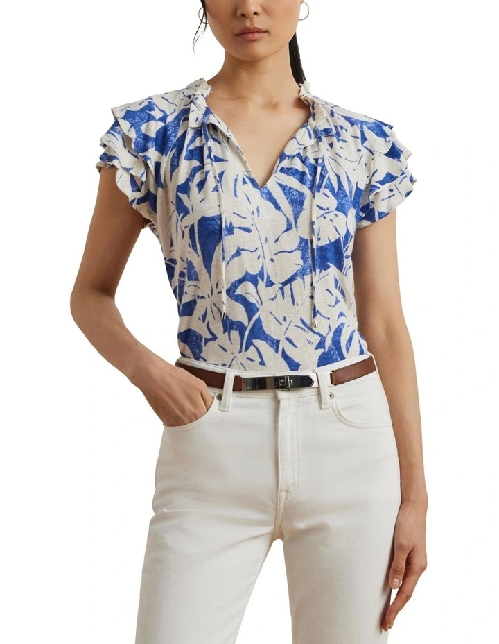 Palm-Frond-Print Jersey Tie-Neck Top image 1