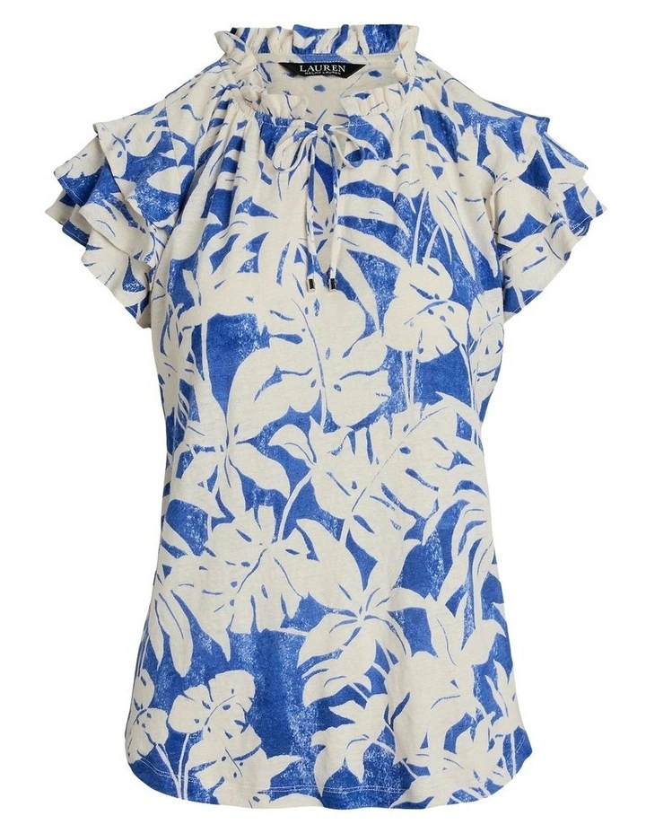 Palm-Frond-Print Jersey Tie-Neck Top image 4