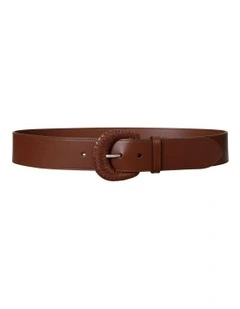 Woven-Buckle Vachetta Leather Wide Belt in Brown