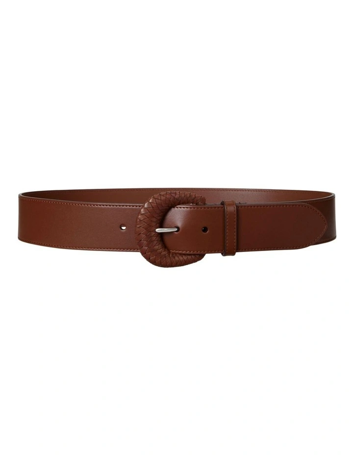 Woven-Buckle Vachetta Leather Wide Belt in Brown image 1