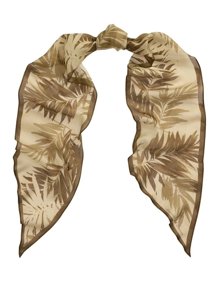 Palm Frond Print Silk Scarf in Beige image 1