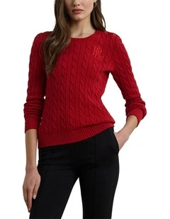 Button Trim Cable Knit Cotton Sweater in Red