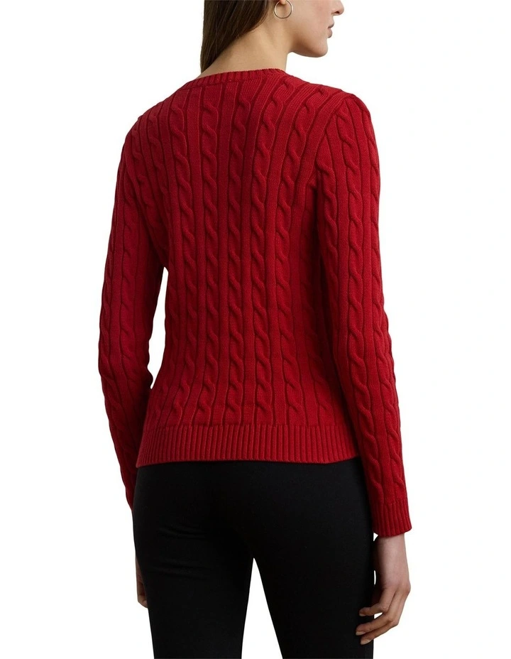 Button Trim Cable Knit Cotton Sweater in Red image 2