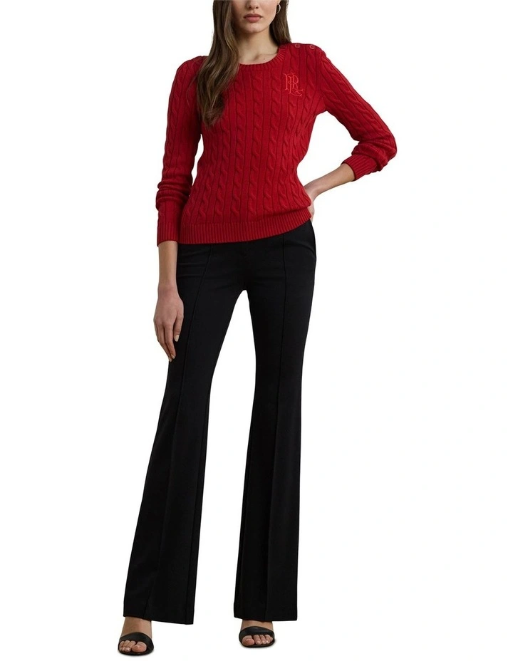 Button Trim Cable Knit Cotton Sweater in Red image 3
