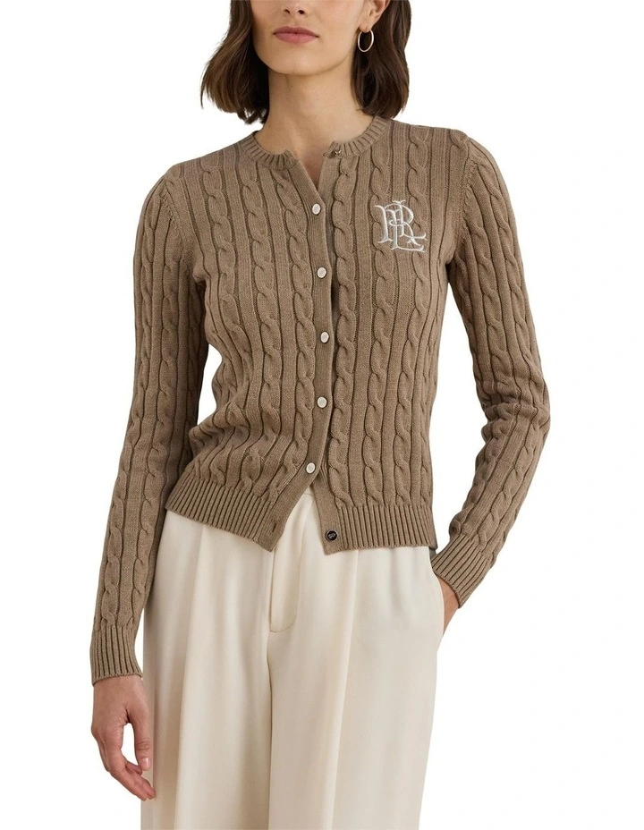Cable-Knit Cotton Cardigan in Brown image 1