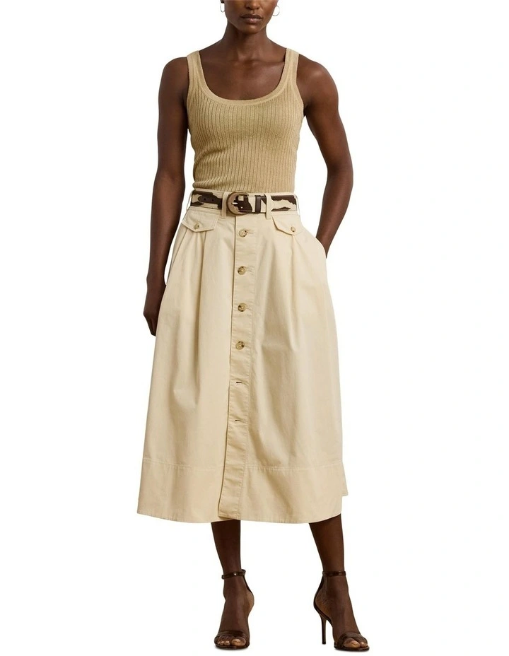 Button Front Micro Sanded Twill Skirt in Beige image 3