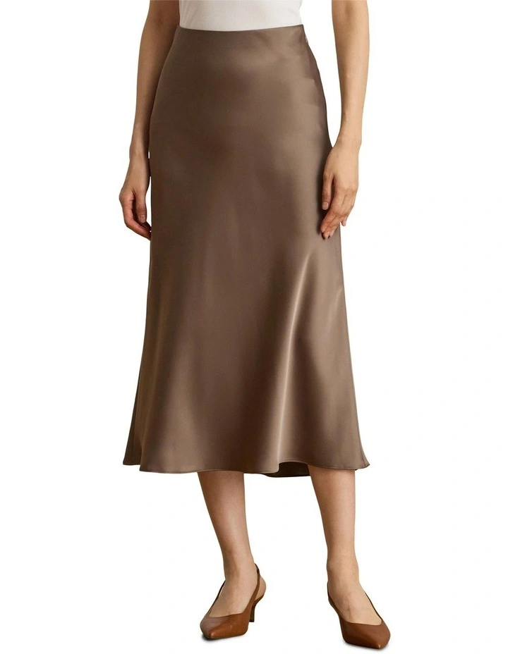 Satin Charmeuse Midi Skirt in Brown image 1