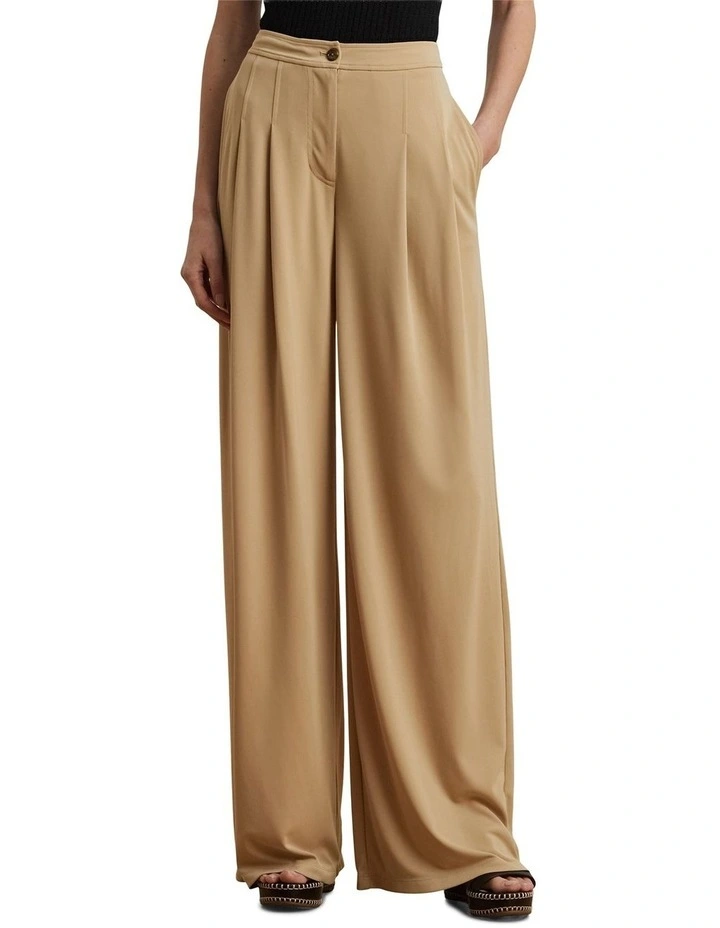 Pleated Stretch Jersey Wide-Leg Pant in Beige image 1