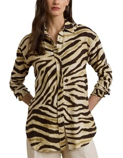 Relaxed Fit Zebra Print Linen Shirt in Multi