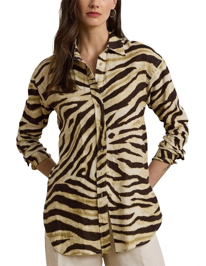 Relaxed Fit Zebra Print Linen Shirt in Multi image 1