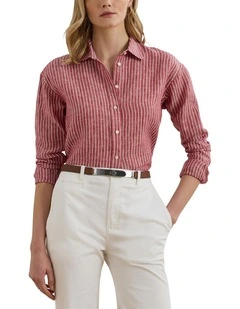 Relaxed Fit Striped Linen Shirt in Red