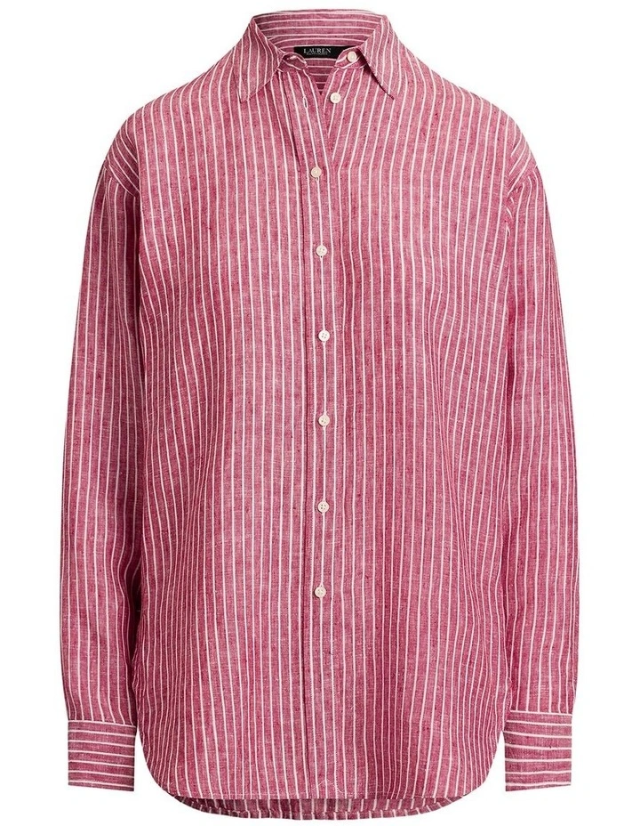 Relaxed Fit Striped Linen Shirt in Red image 4