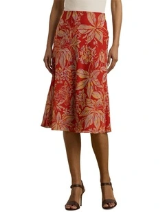 Floral Crinkle Georgette Midi Skirt in Red