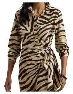 Zebra Print Tie Front Crepe Shirtdress in Multi