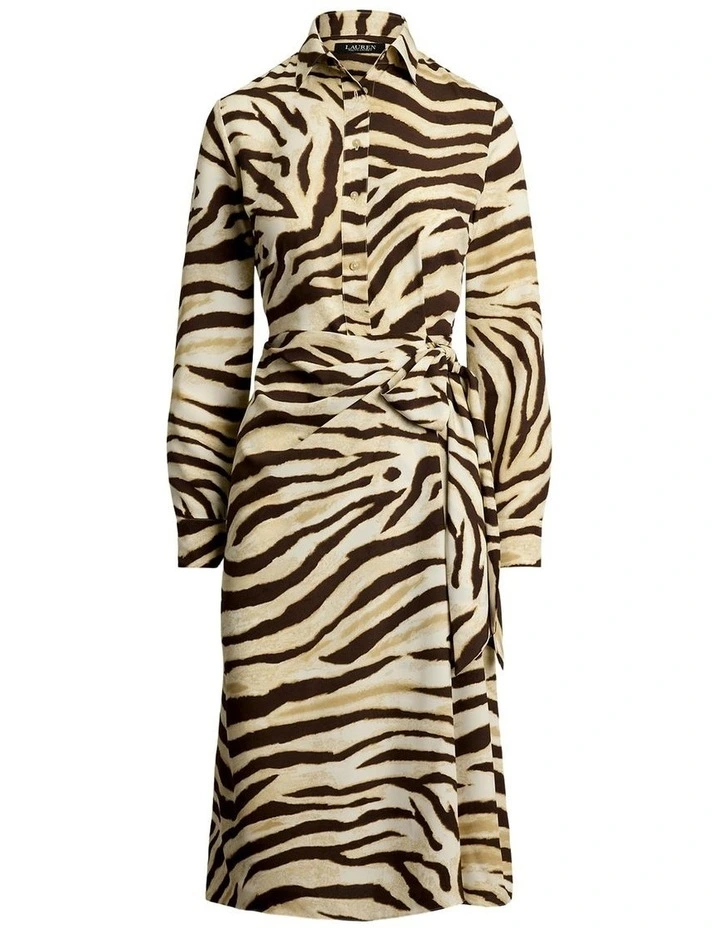 Zebra Print Tie Front Crepe Shirtdress in Multi image 4