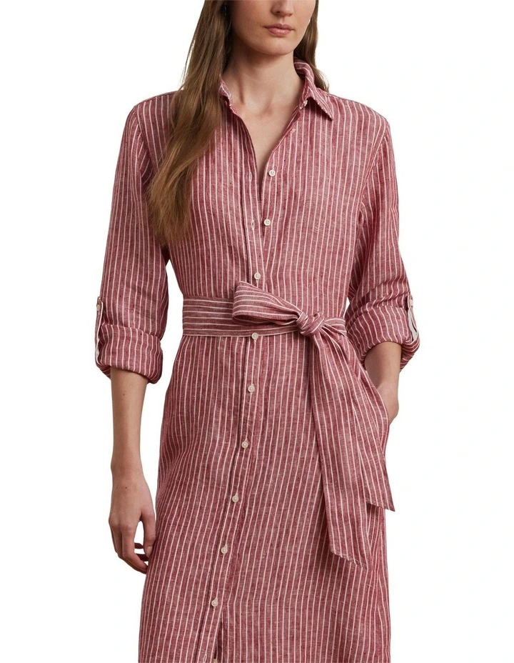 Striped Linen Roll-Tab-Sleeve Shirtdress image 1