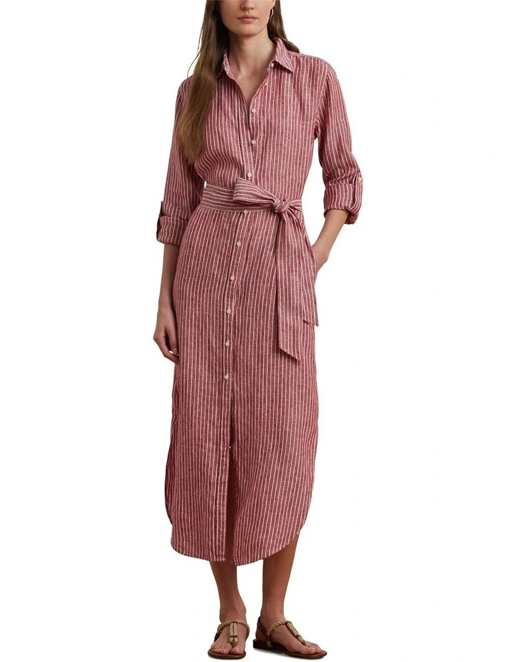 Striped Linen Roll-Tab-Sleeve Shirtdress image 3