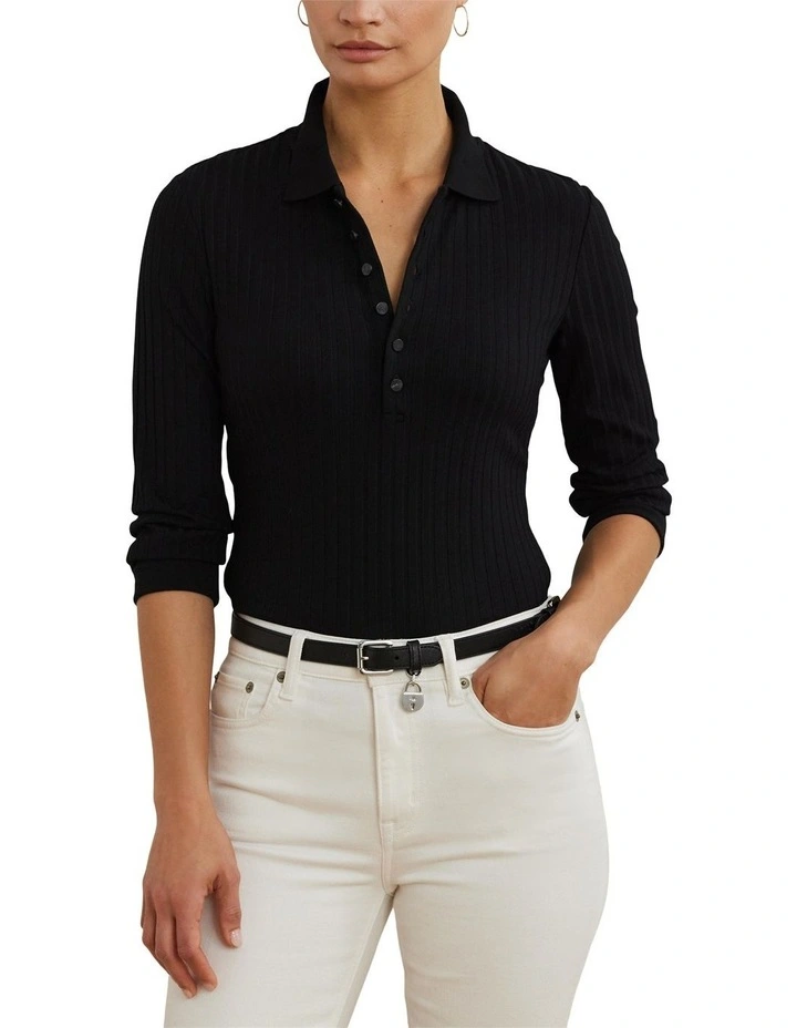Rib-Knit Three-Quarter-Sleeve Polo Shirt image 1