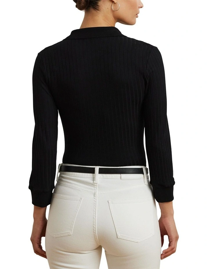 Rib-Knit Three-Quarter-Sleeve Polo Shirt image 2